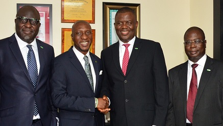 (L-r): Luqman Balogun, MD/CEO, CardCentre Nigeria Limited, Oscar Onyema, CEO, Nigerian Stock Exchange (NSE), Demola Aladekomo, MD/CEO, Chams Plc, and Olufemi Williams, Deputy Managing Director, Chams Plc, during the visit to notify the NSE of impending change in management of Chams Plc recently.